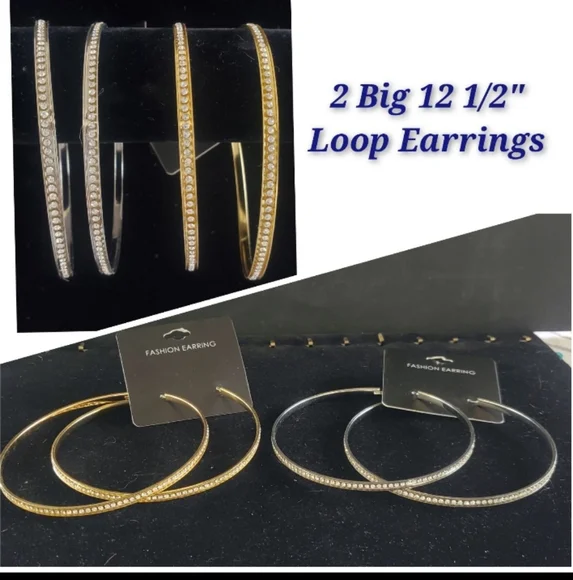 NEW 2 Big Rhinestone Hoop Earrings- Silver & Gold - Picture 1 of 5